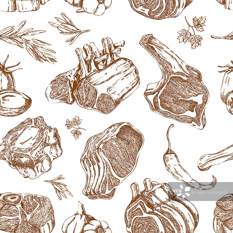 手绘单色肉类无缝图案图片素材
