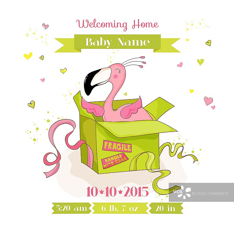 火烈鸟女宝宝婴儿洗礼或新生贺卡图片素材