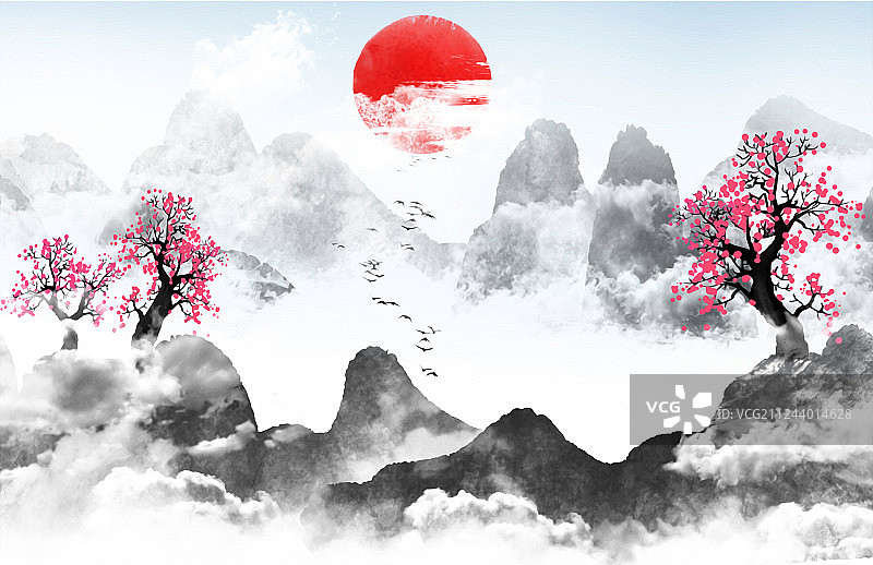 手绘中国风意境水墨山水风景画图片素材