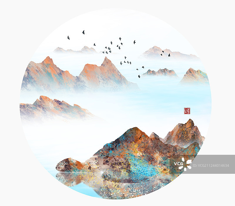 手绘中国风意境水墨山水风景画图片素材