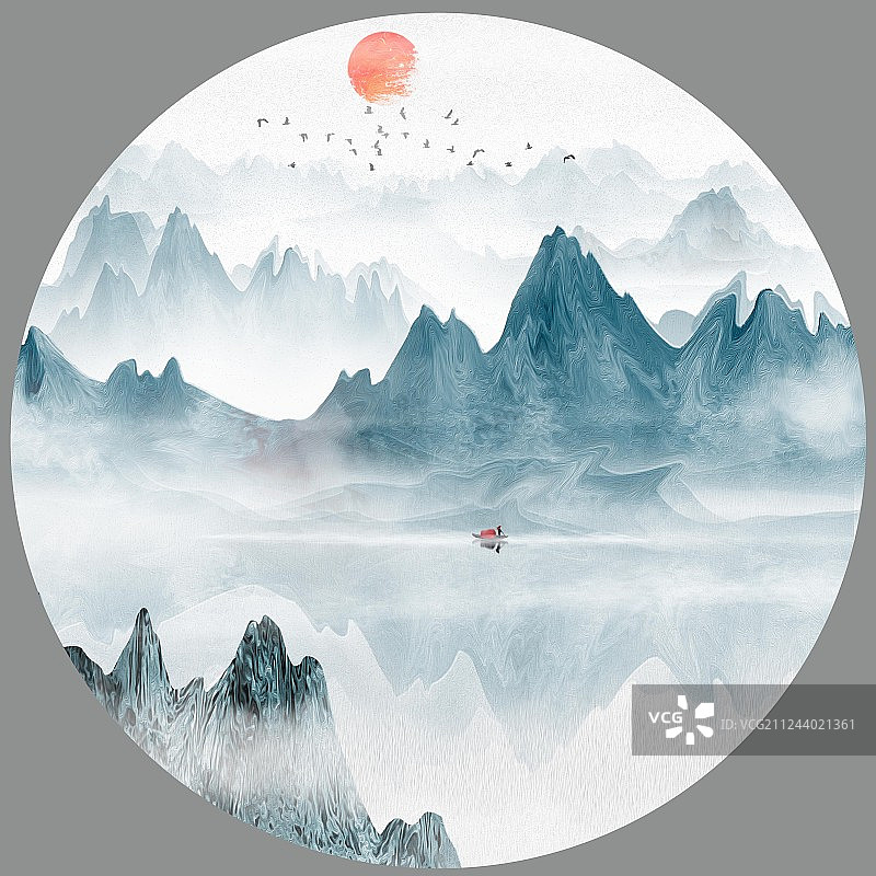 手绘中国风意境水墨山水风景画图片素材