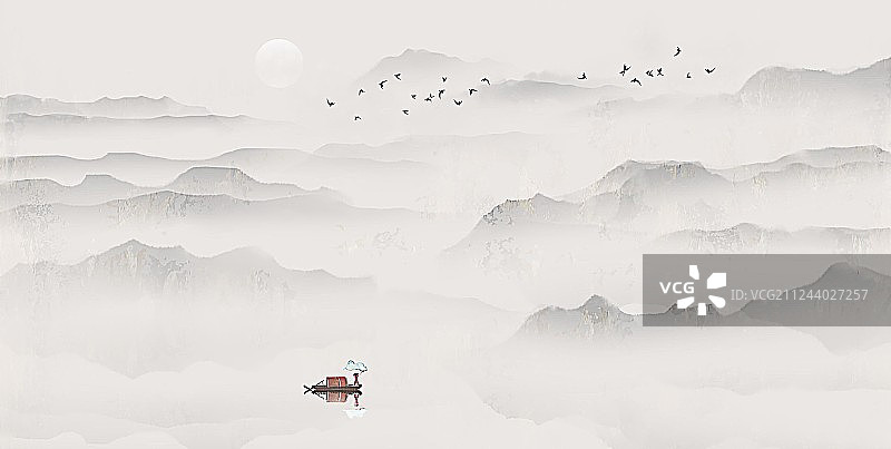 手绘中国风意境水墨山水风景画图片素材