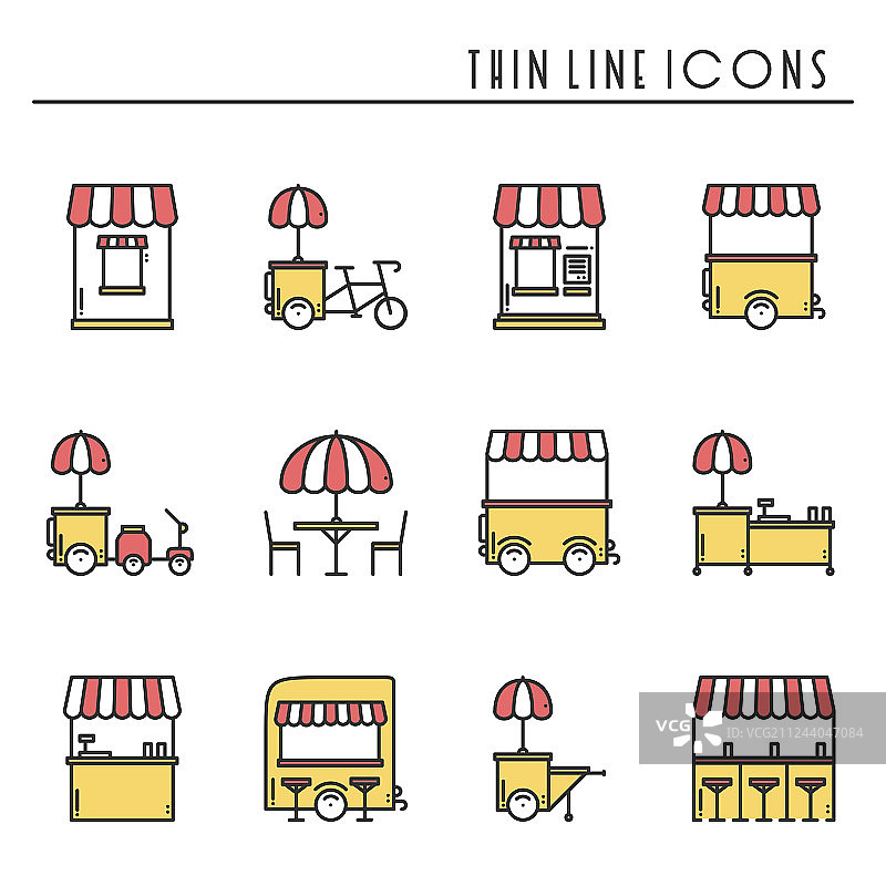 街头小吃零售细线图标集餐车图片素材