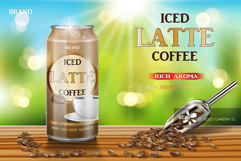 含牛奶和咖啡豆的拿铁咖啡铝罐广告图片素材