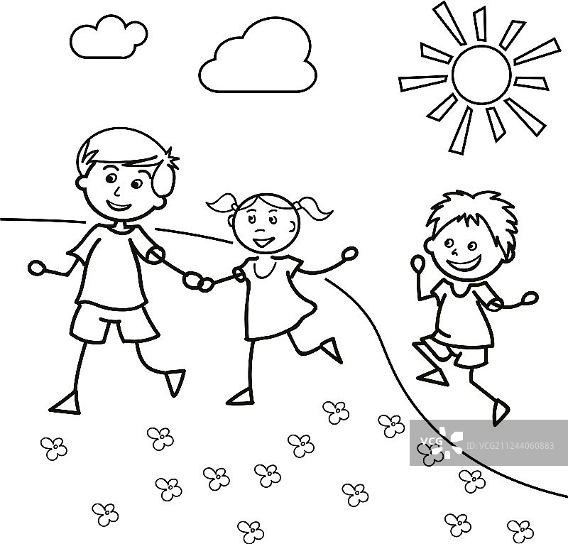 手绘儿童在夏天在草坪上行走图片素材