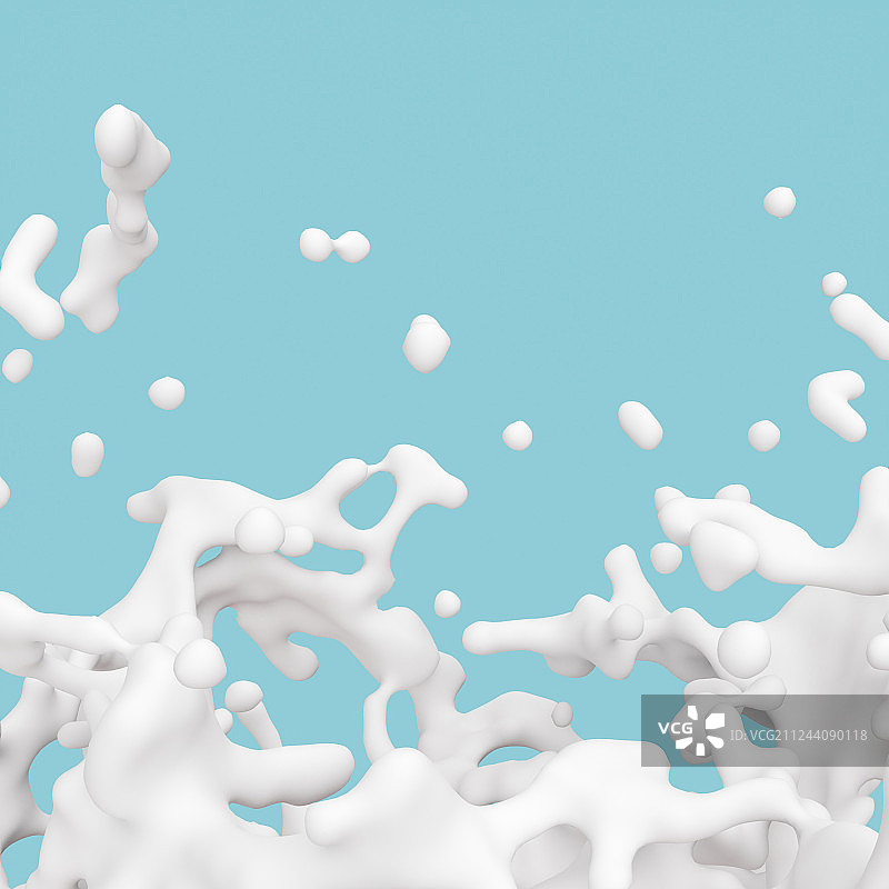 青色背景下圆环状飞溅而起的乳白色牛奶素材图片素材