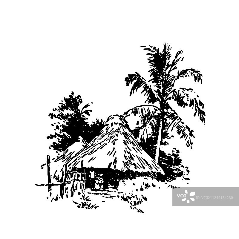 非洲村庄房屋黑色手绘草图图片素材