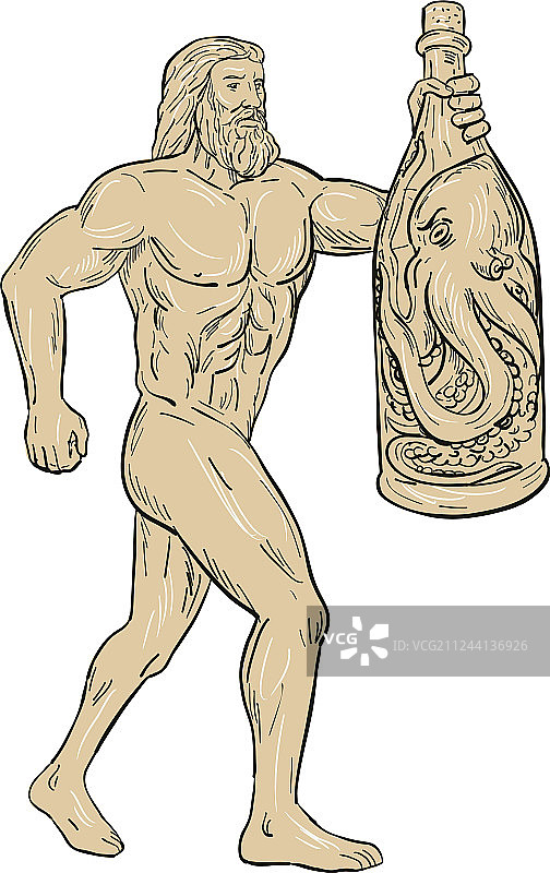 大力神与瓶装愤怒章鱼绘画图片素材