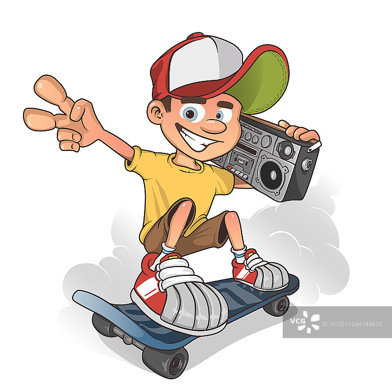 带着手提音响的酷炫滑板男孩卡通形象图片素材