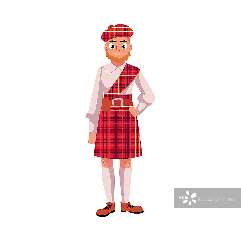 身穿民族服装、头戴红色格子贝雷帽的苏格兰男人图片素材