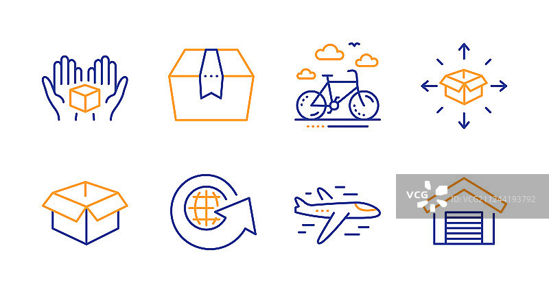 已打开的盒子、飞机和包裹盒图标集图片素材