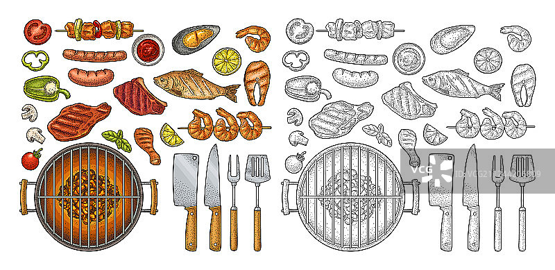 木炭烤肉串蘑菇烧烤架顶视图图片素材