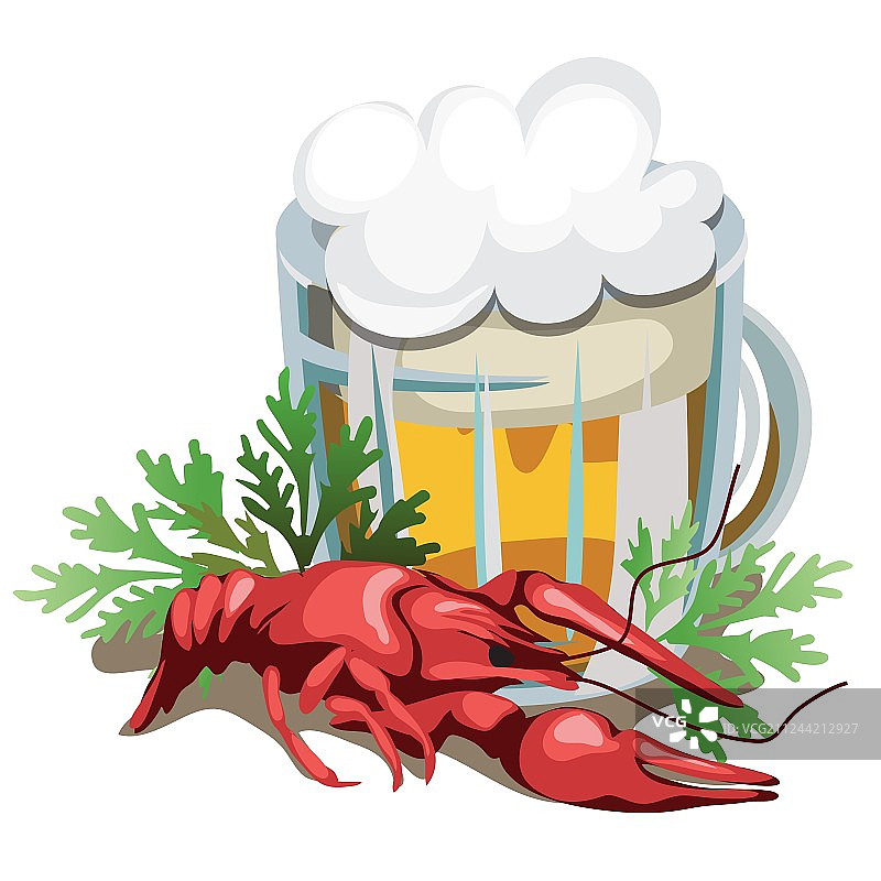一杯啤酒和煮小龙虾图片素材