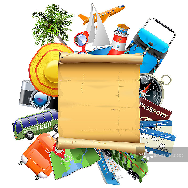 旅行概念与旧卷轴图片素材