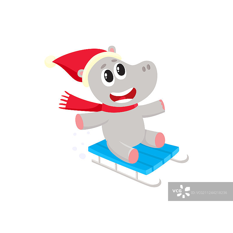 冬季乘坐雪橇的有趣河马角色图片素材