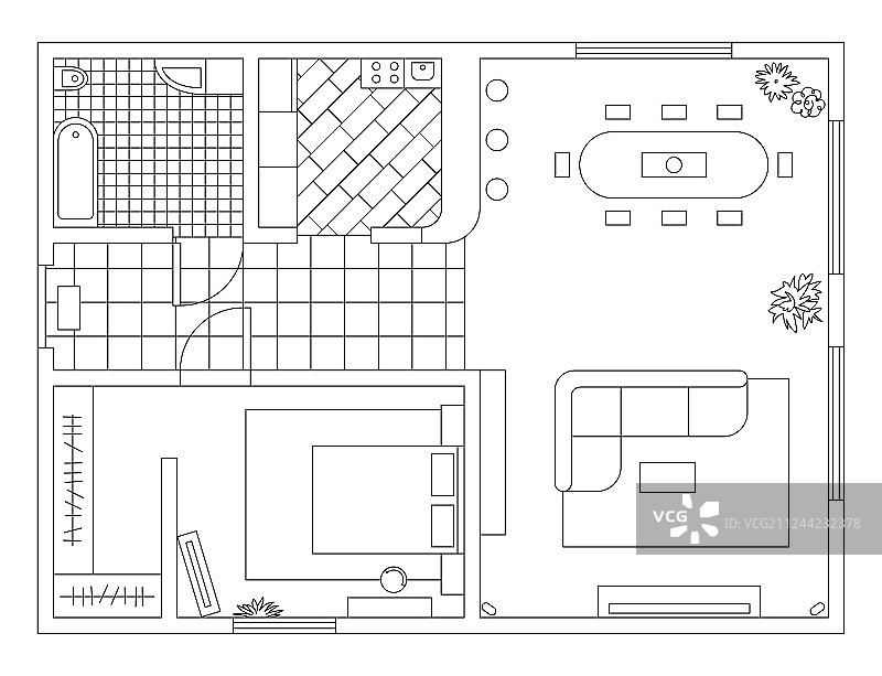 俯视角度的带家具建筑平面图图片素材