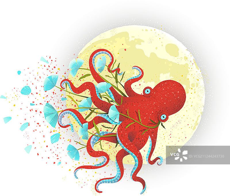 白色背景上的章鱼和月亮图片素材