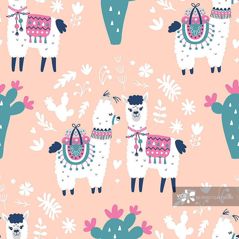 卡通美洲驼羊驼无缝图案图片素材