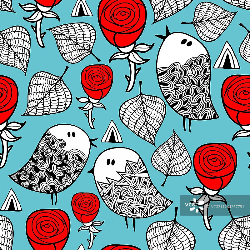 红玫瑰与浪漫小鸟无缝图案图片素材