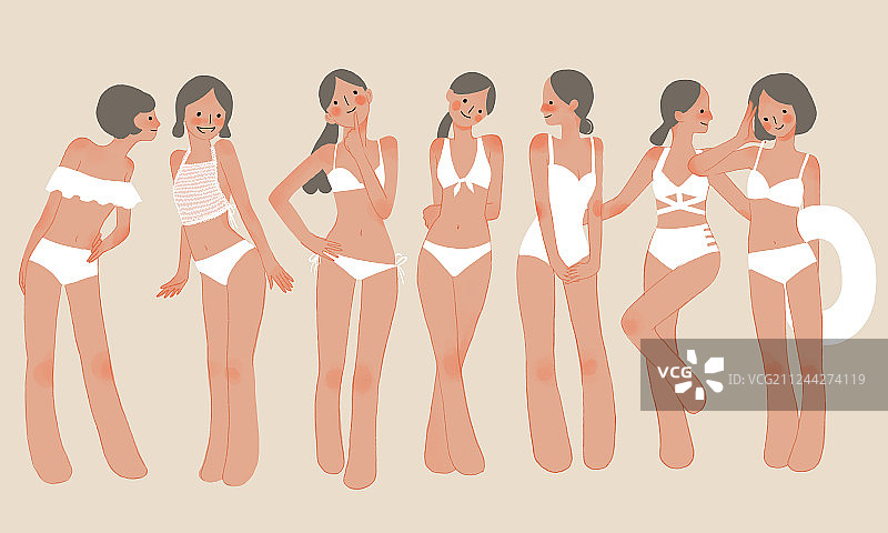 穿白色泳装比基尼的7个女孩插画图片素材