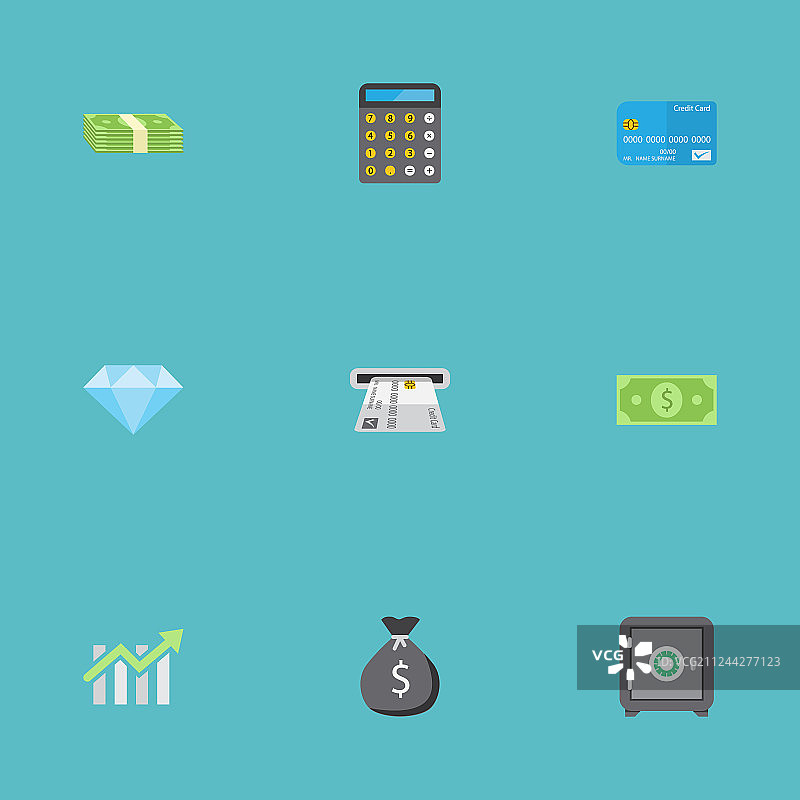 扁平图标：自动柜员机、现金堆、钱等图片素材