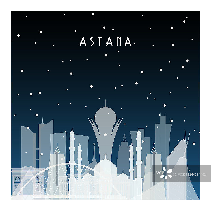 阿斯塔纳的冬季夜晚城市扁平风格图片素材