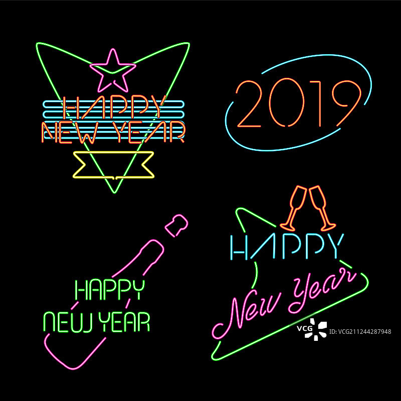 2019年复古新年霓虹灯标签图片素材