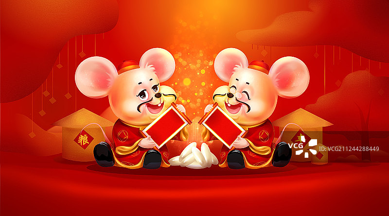 红色大气鼠年一对老鼠插画图片素材