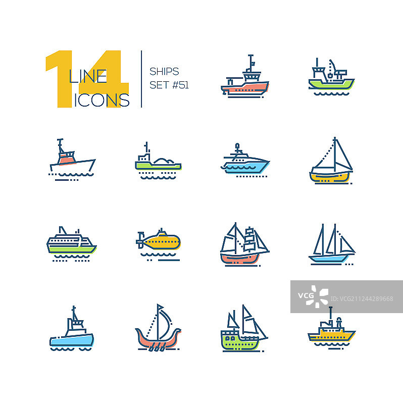 彩色线条风格的水上运输图标图片素材