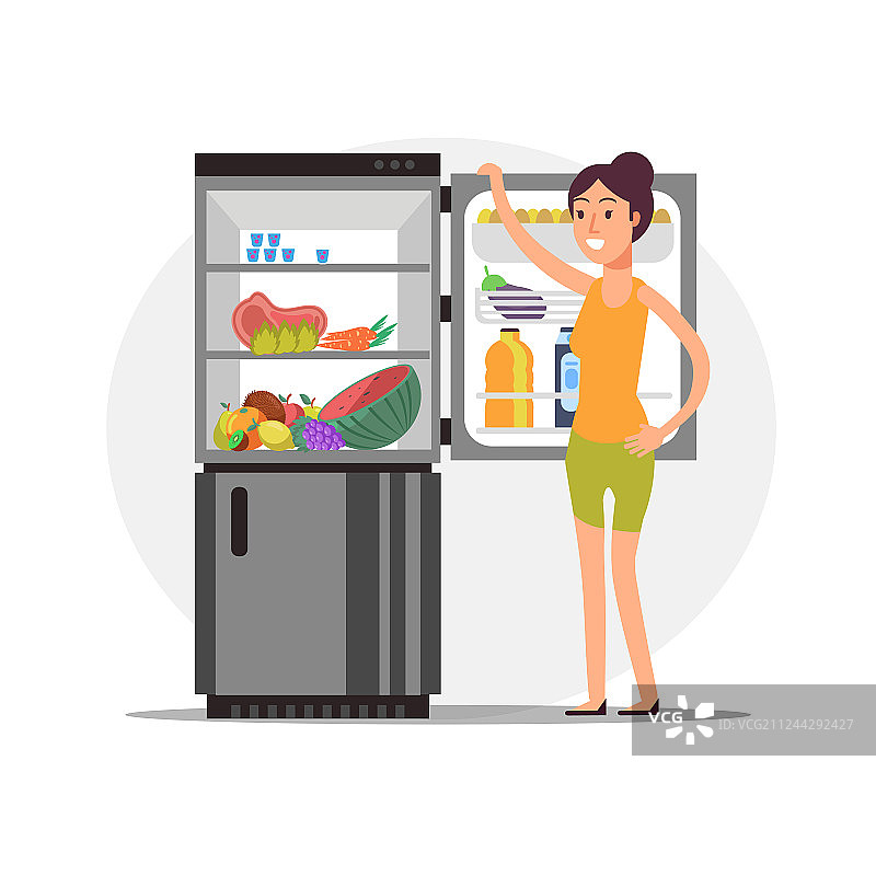 冰箱前有健康食品的健身卡通女孩图片素材