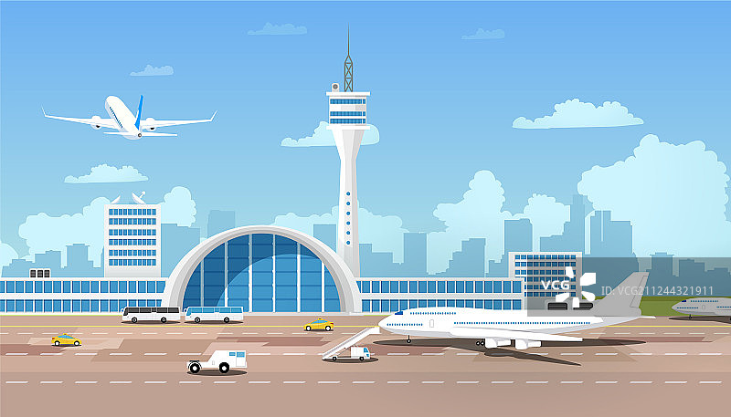 现代机场航站楼和跑道卡通图片素材