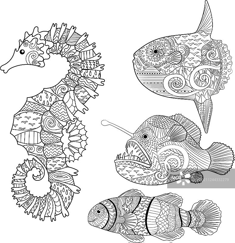 Zentangle鱼图案套装图片素材