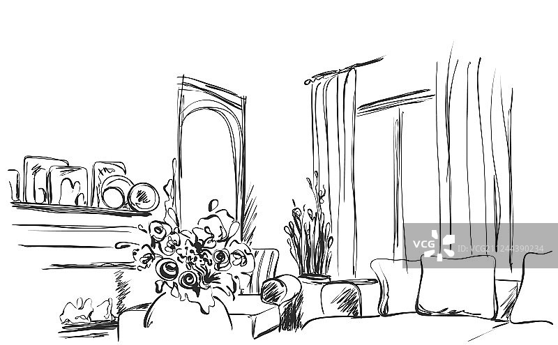 房间内部素描：窗户、沙发和家具图片素材