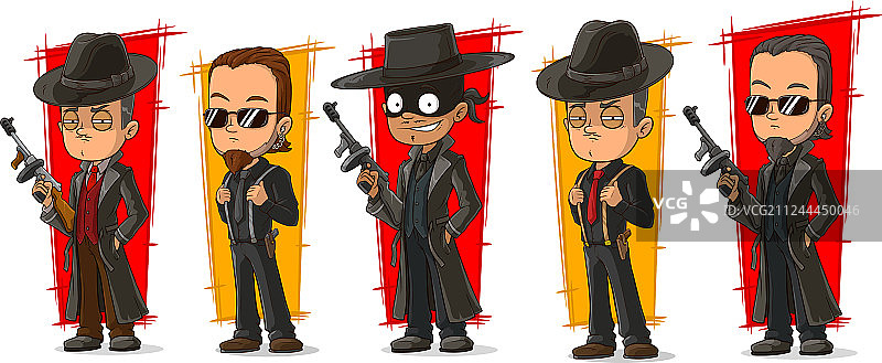 卡通黑手党罪犯持枪角色套装图片素材