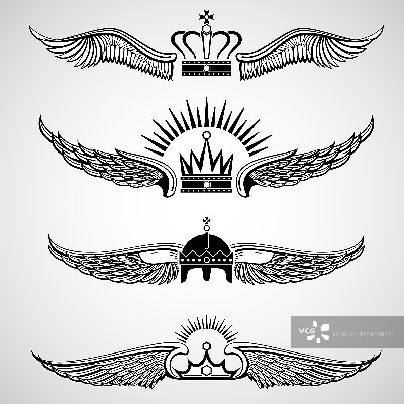 带皇冠的翅膀徽章套装图片素材