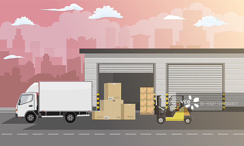 仓库建筑外墙卡车和叉车图片素材