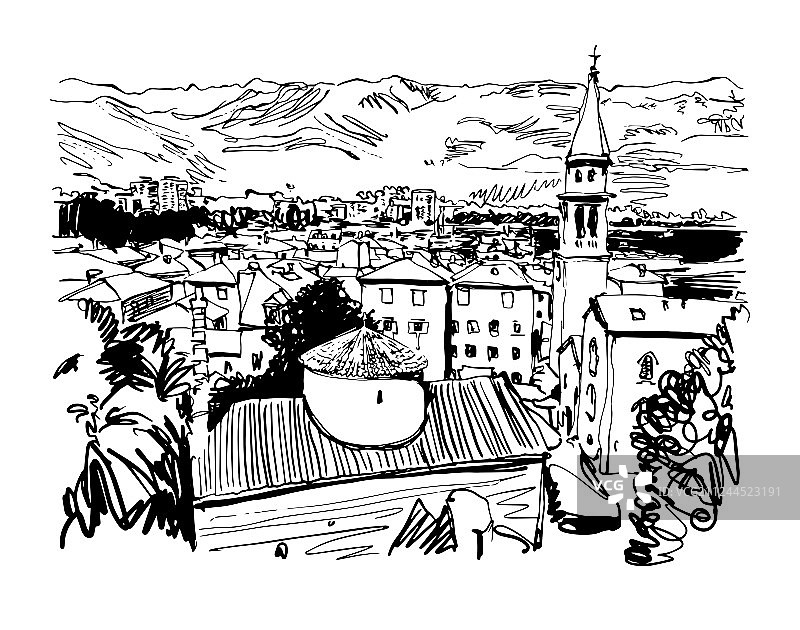 布德瓦黑白素描艺术全景图片素材