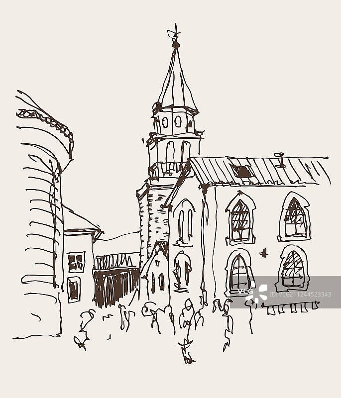 钟楼教堂顶视图素描图片素材