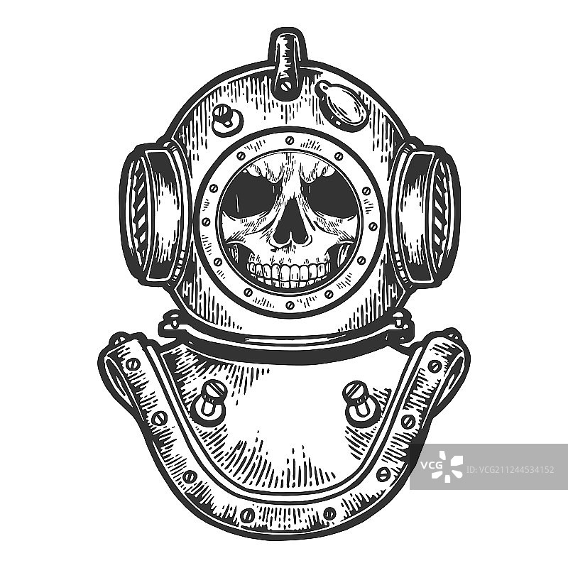 潜水头盔中人类颅骨素描雕刻图片素材