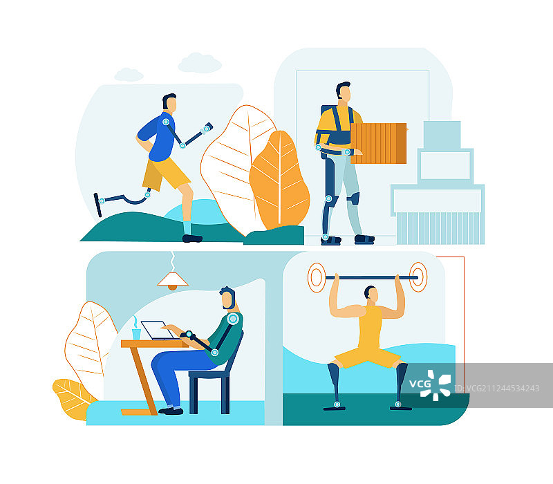 工作中和生活中使用假肢的人群扁平化设计图片素材