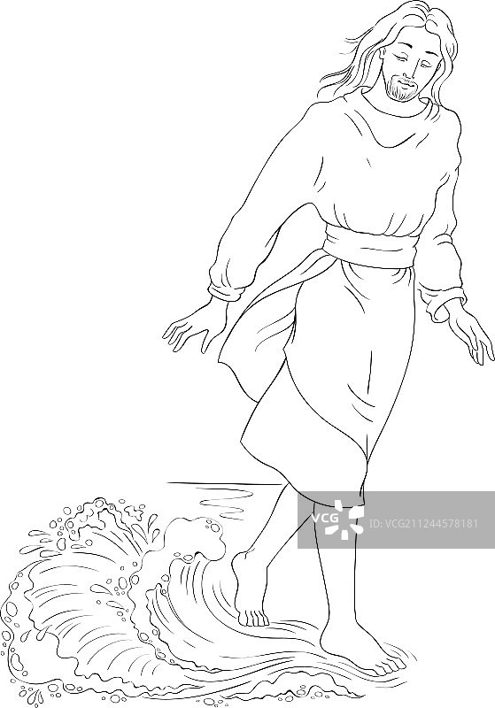 耶稣水上行走圣经故事填色页图片素材