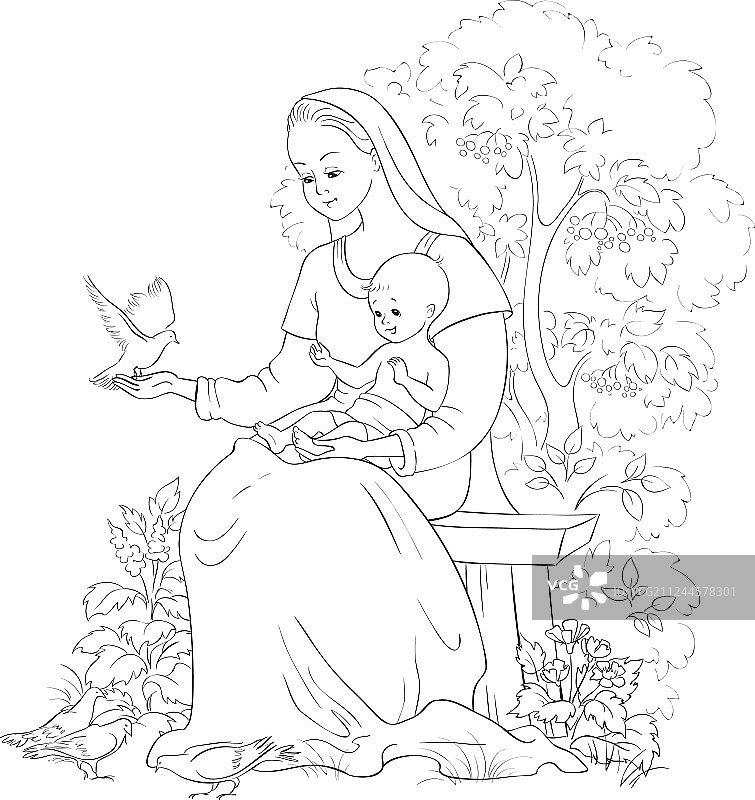 圣母玛利亚与耶稣宝宝填色页图片素材
