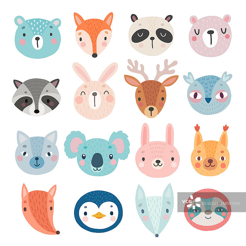 可爱的森林动物角色：熊、狐狸和浣熊图片素材