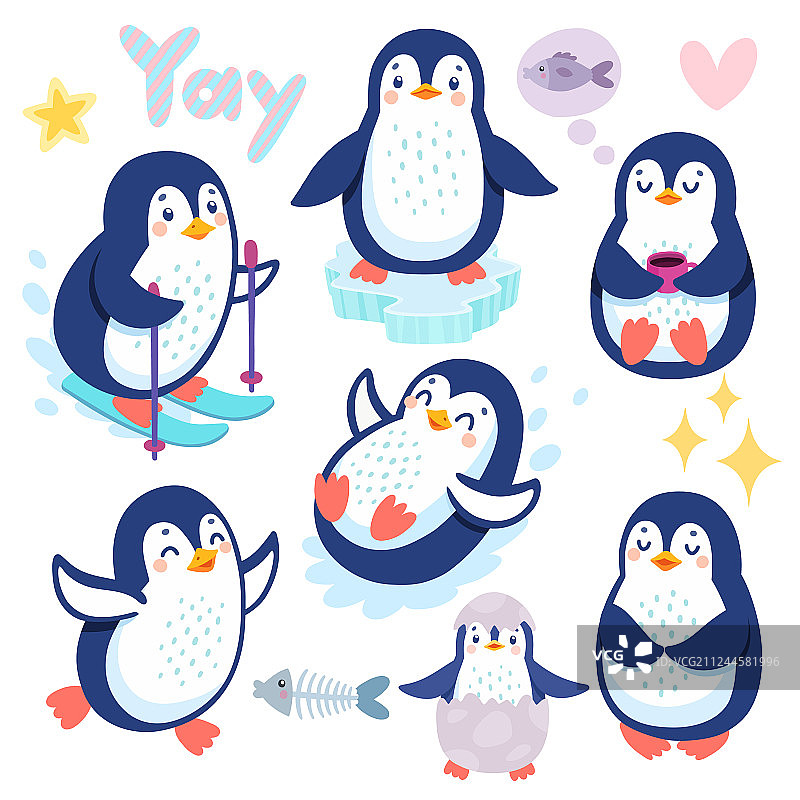 滑雪、喝茶、玩耍的可爱企鹅图片素材