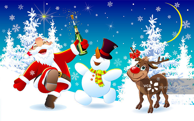 圣诞节前夕快乐的圣诞老人、驯鹿和雪人图片素材