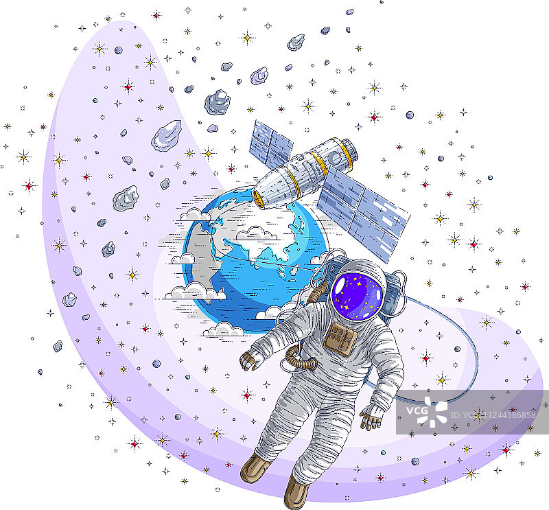 宇航员在与太空相连的开放空间中飞行图片素材