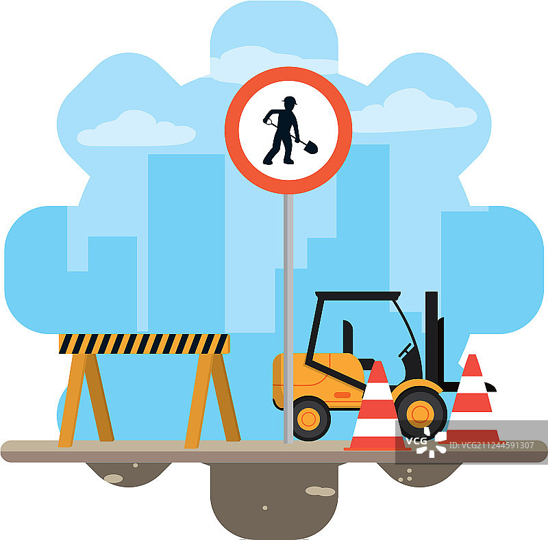 圆形叉车工人标志与安全警示图片素材