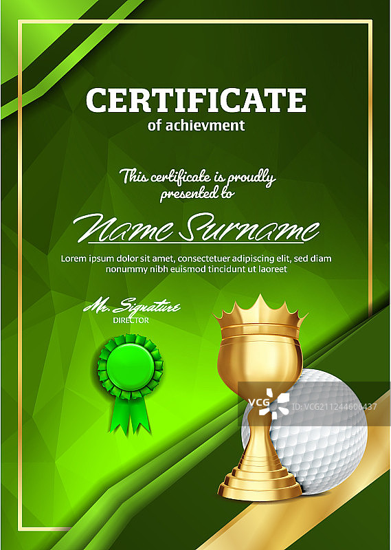 带金杯的高尔夫证书文凭图片素材