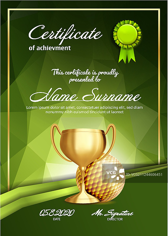 带金杯的高尔夫证书文凭图片素材
