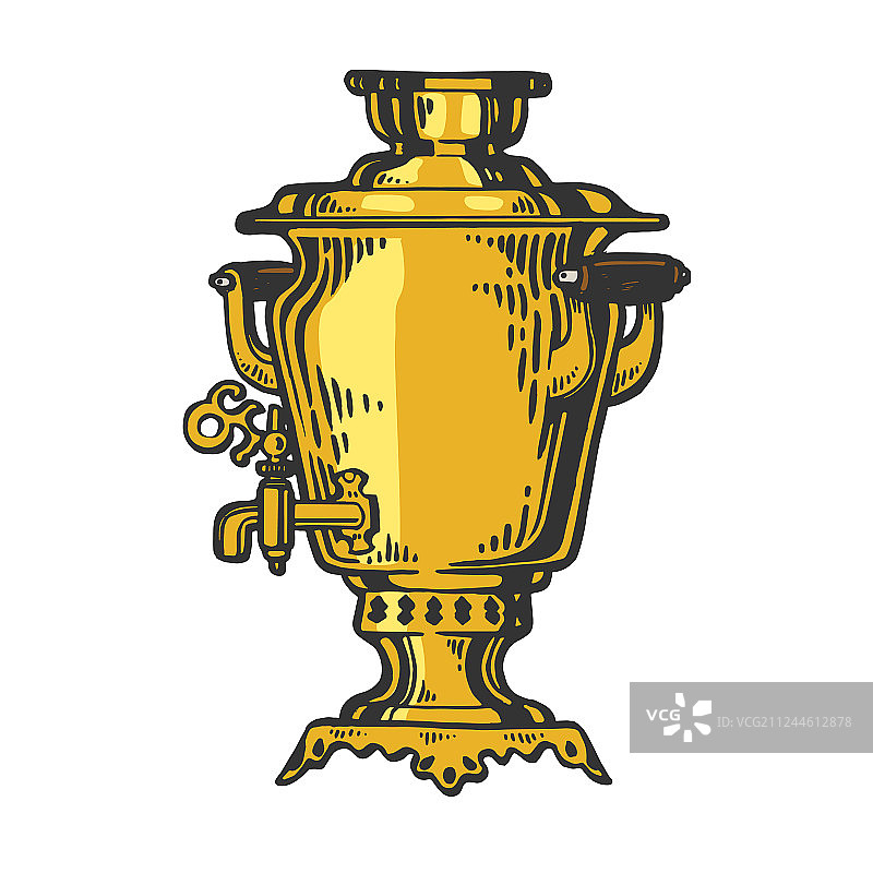 茶炊彩色素描雕刻图片素材